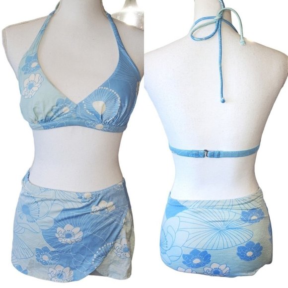 Vintage Other - Vintage 60s 70s Pinup Retro Style Skirted Bikini Blue Halter Floral S/M READ